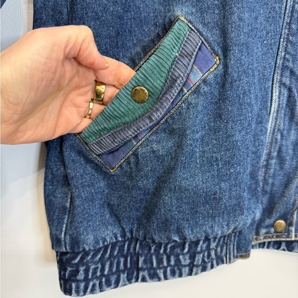 Weathered Blues Vintage Denim Bomber Jacket Mixed Media Flannel Lined Women’s S - Picture 6 of 15